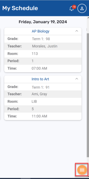 Student portal My Schedule screen