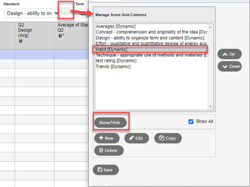 Ellipse button and Manage Score Gride Columns pop-up