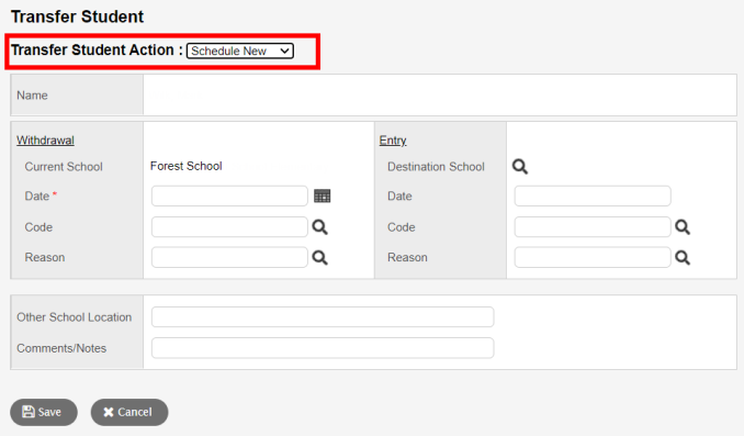 Transfer student pop-up with Transfer Student Action field