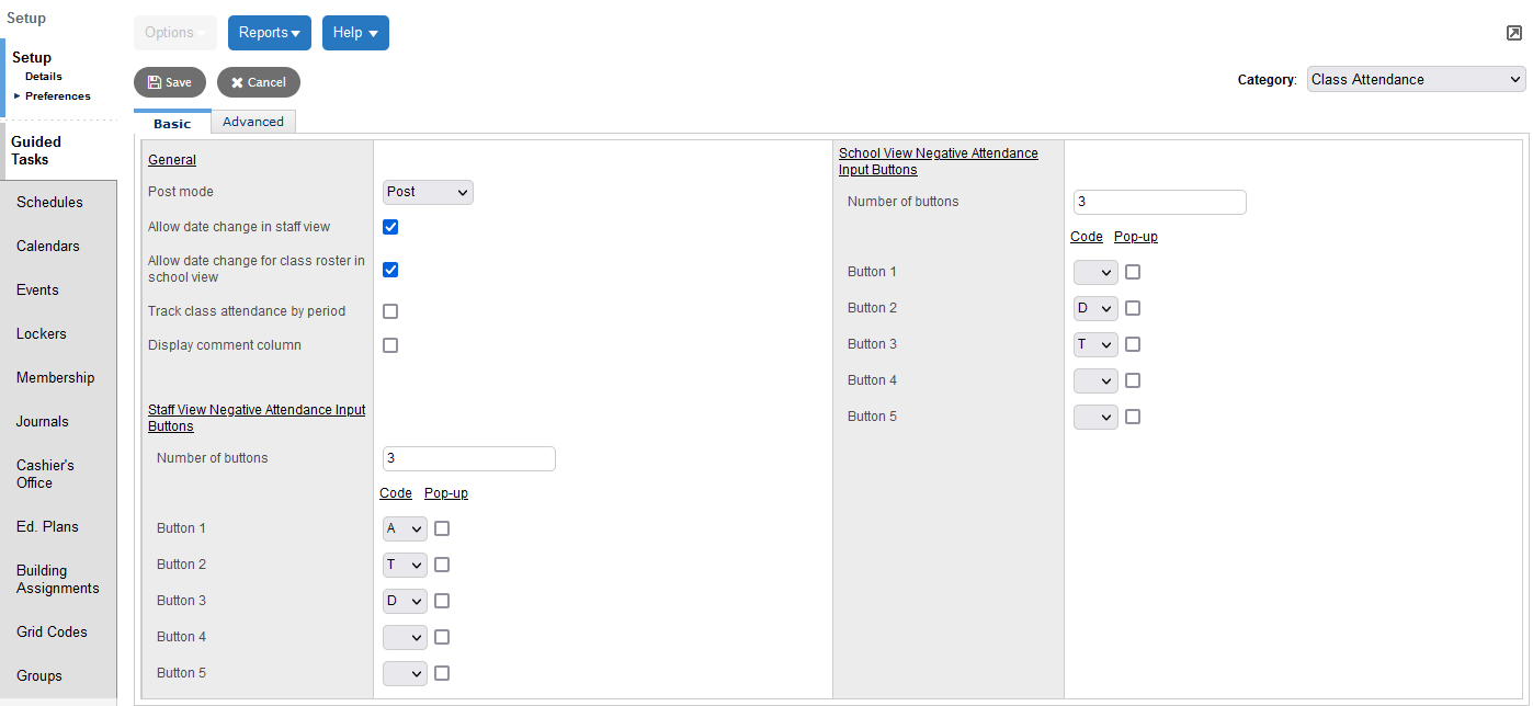 School Class Attendance preferences, Basic tab